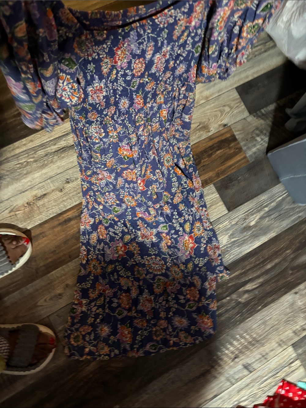 Angie Blue Floral Midi Dress with Orange & Green Accents- P2P:17, Length:42 - Picture 9 of 11